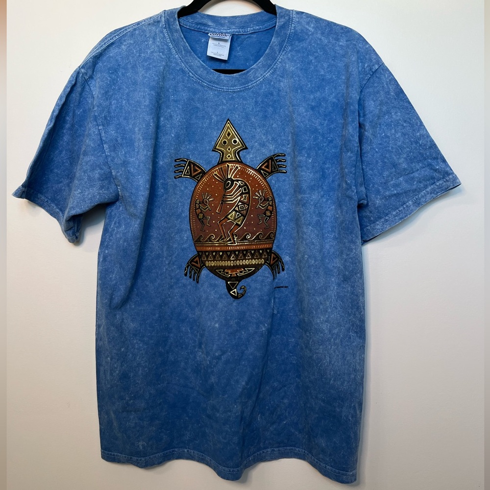 Blue Kokopelli Turtle Graphic T Shirt size L